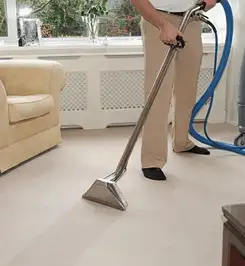 Professional carpet cleaner using a hot-water extraction wand and hose machine in a living room in Denver, CO.