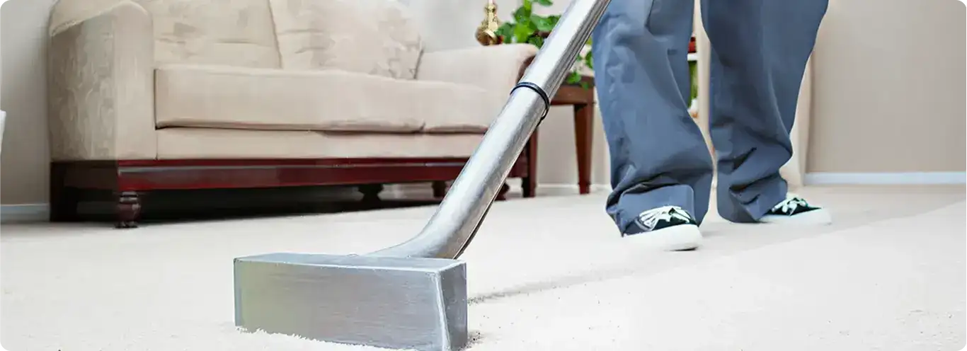 Carpet cleaning technician using a hot-water extraction wand on a light-colored carpet in a living room, Denver, CO.