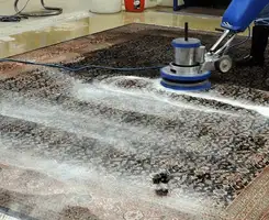 Professional rug cleaning with a rotary floor machine and shampoo foam, deep-cleaning an area rug, in Denver, CO.
